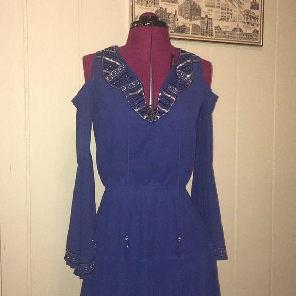 Boston Proper Cold Shoulder Bell Sleeve Dress - Picture 2 of 7